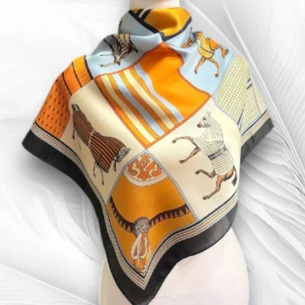 Vintage Equestrian Horse Print Scarf Multicolor Square Silk-Feel Wrap